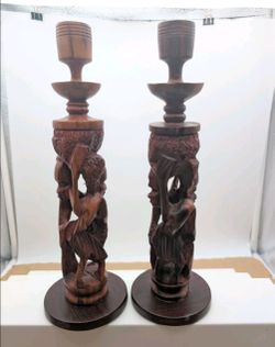 Unmarked Set of 10.5" Tall Wooden Candlesticks Hand Carved.