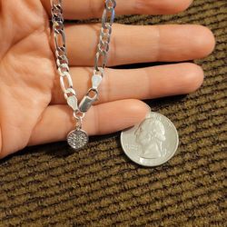 Italy 925 Solid Sterling Silver Figaro Link Bracelet w/ Saint Benedict Mini Charm for Women 7.5" Plata 925 Pulsera San Benito Para Dama 7.5"