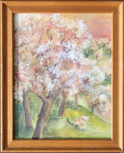 Flowering trees vintage framed watercolor painting landscape by Riccardo
