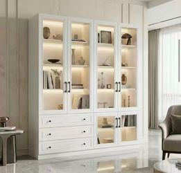 78.7" Large Storage Cabinet with LED Lights and 3 Drawers, Modern Curio Display Cabinet with 6 Tempered Glass Doors with Remote,White