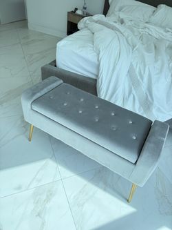 Gray Velvet Tufted Bench with Gold Legs