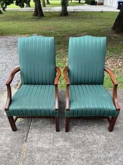 2 Wooden Chairs With Green Upholstery