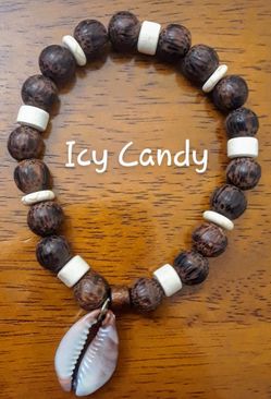 New Palm Tree Wood And Coconut Bead Bracelet w Cowrie Shell