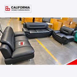 Modern Faux Leather 3-Piece Living Room Sofa Set (Couch, Loveseat & Chair)
