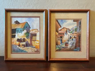 Vintage Framed Pueblo Village Watercolors – Pair – Double Matted – 12.5” x 15.5” Artwork