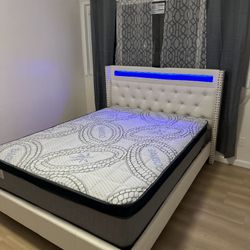 Queen Bed Platform Bed W/ Charging Station & Built-In LED Lights/mattress Included. 💢 Cama Queen Size Con Luz Led / Colchon Incluido / Color Blanca