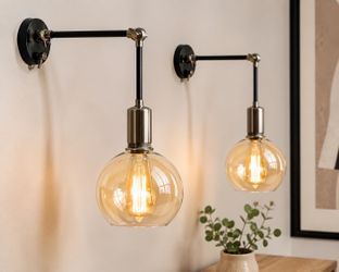 Set of 2 Modern Adjustable Wall Sconces – Amber Glass Shades