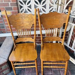 Pair of Vintage Solid Wood Farmhouse Chairs – Carved High-Back Design