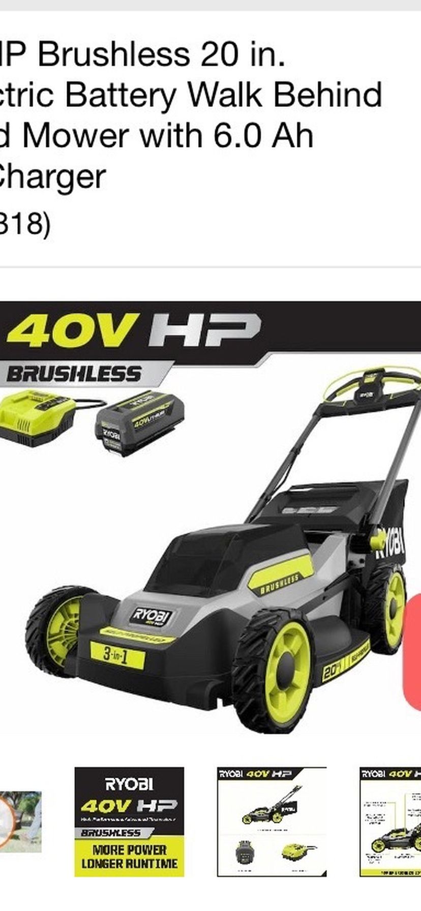 RYOBI 40V HP Brushless 20 in. Cordless Electric Battery Walk Behind Self-Propelled Mower with 6.0 Ah Battery and Charger