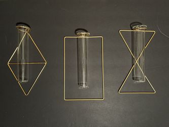 3 Various Shaped Geometric Wall-Mounted Glass Tube Vases w/Gold-Toned Metal Frames