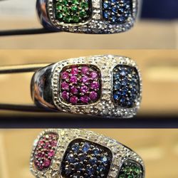 One 14k white Gold Diamond Garnet And Sapphire Cluster Ring