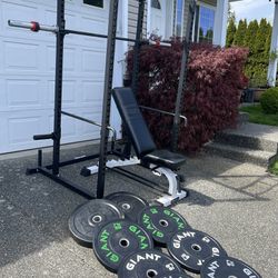 squat rack with bench,weight and barbell