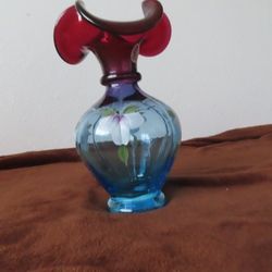 frank m Fenton 100th Flowers blue Vase Ruffled Top Hand Painted Kibbe (717/1500)