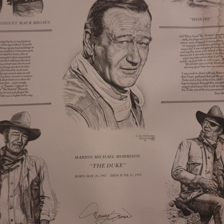 JOHN WAYNE FOUR FACES WEST LITHOGRAPH PRINT BY GIL ORTEGA 1987 Pencil Drawing