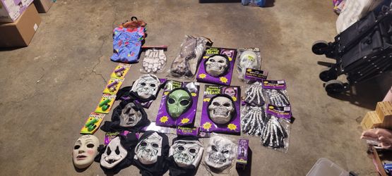 Halloween Costume Masks and Skeleton Gloves Lot
