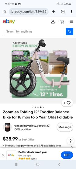 Zoomies Folding 12" Toddler Balance Bike $25