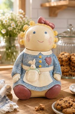 Vintage Ceramic Girl Cookie Jar Bunny Apron Hand Painted Collectible