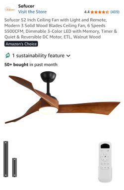 Sofucor 52” Ceiling Fan W/ Light Remote 3 Solid Wood Blades Ceiling Fan 6 Speeds Dimmable NEW/BOX