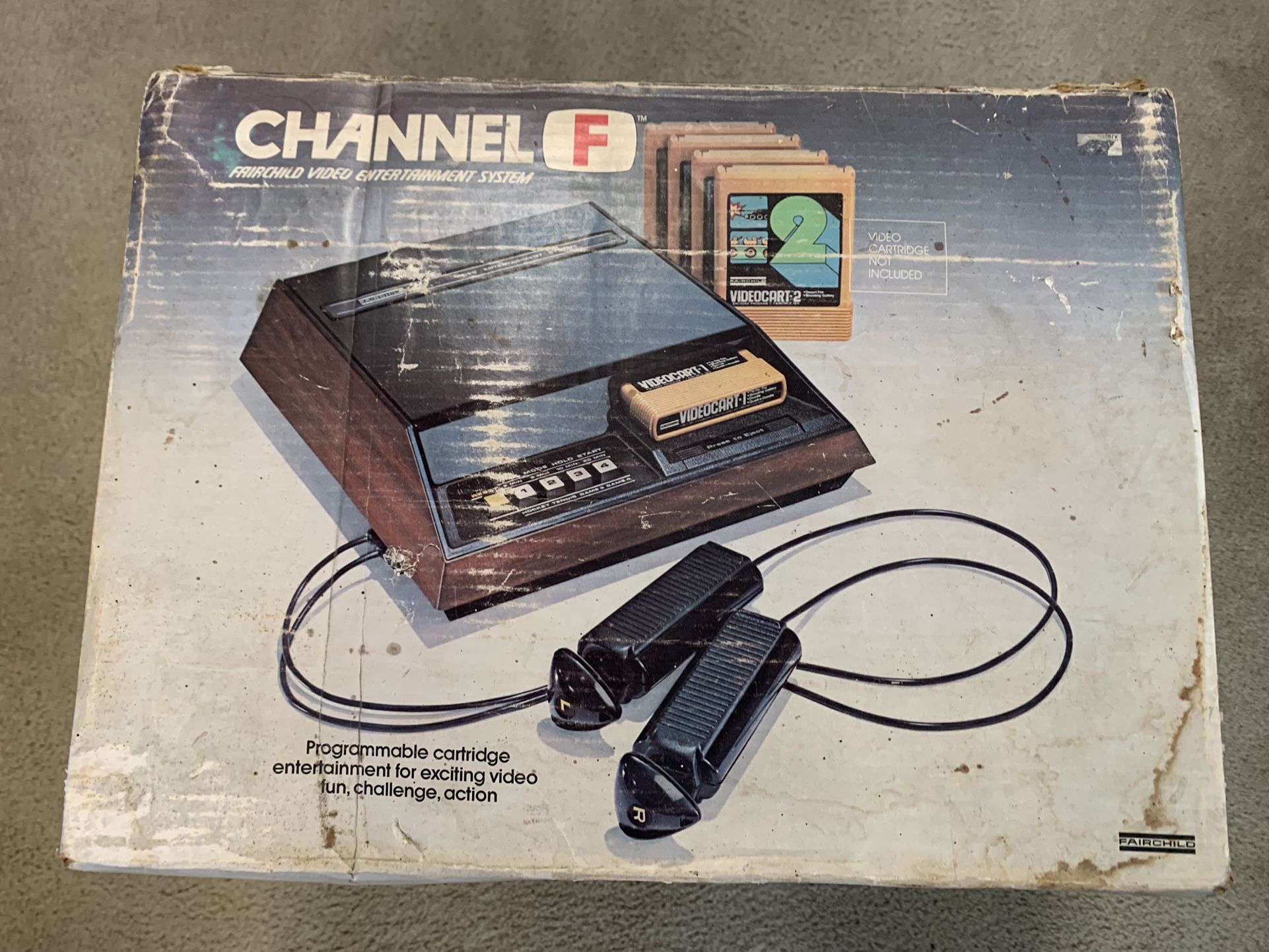 Boxed Fairchild Channel F vintage video game console with games