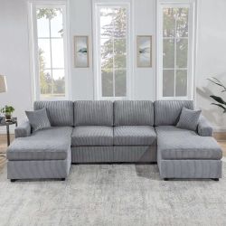 Brand New Light Grey Corduroy Sectional Sofa (Pillows Included)