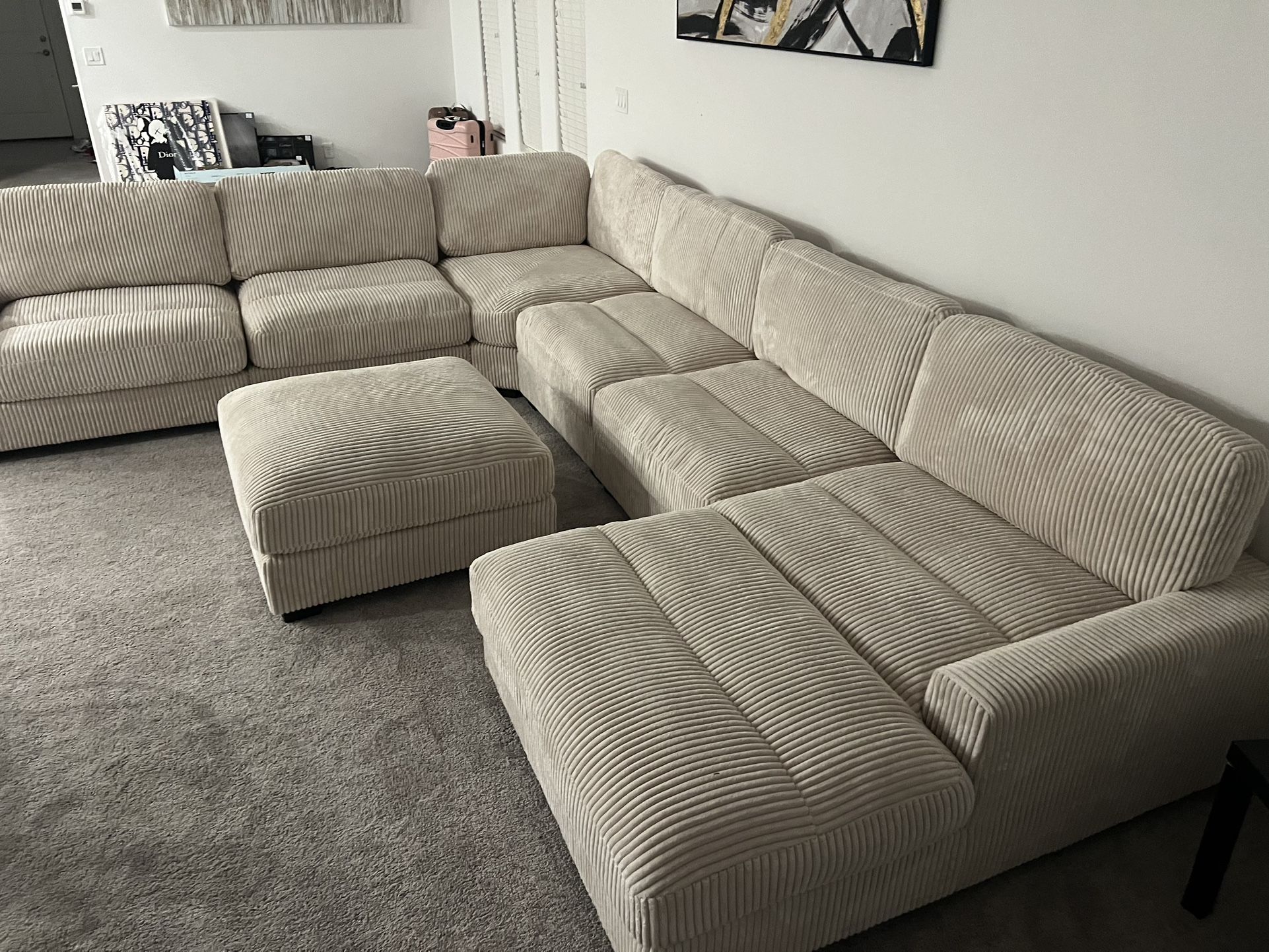 New 7 Piece Corduroy Sectional.  Off White / Beige.  127x164x66.  Free Delivery!