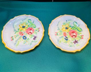 Pair of vintage Italian hand painted ceramic plates with lovely florals