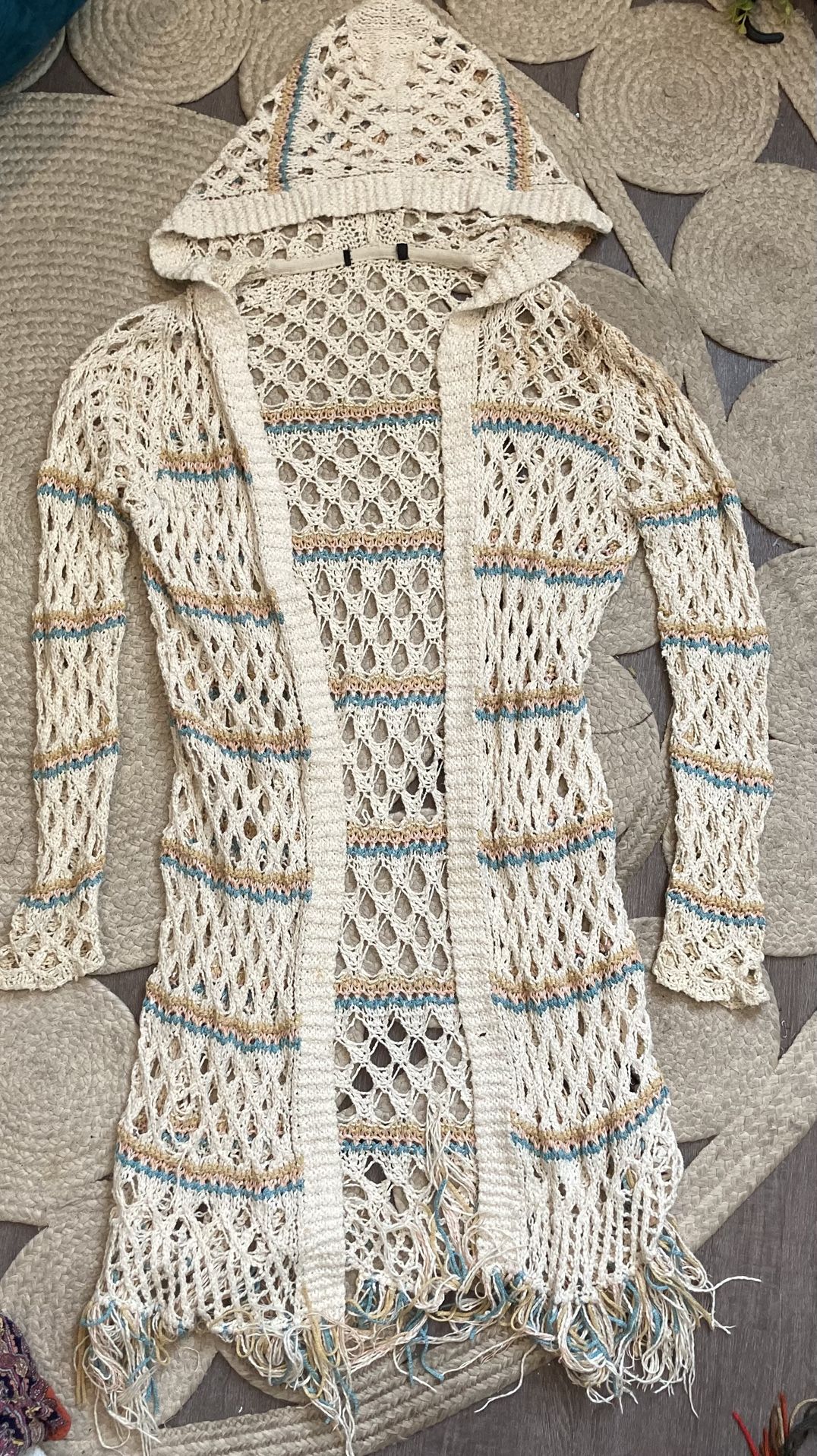 Cream Open-Knit Hooded Cardigan with Stripes & Fringed - Bohemian Style