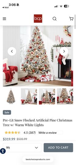 Pre-Lit Snow Flocked Artificial Pine Christmas Tree w/ Warm White Lights