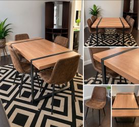 Modern Wood Dining Table Set w/ 4 Brown Upholstered Chairs