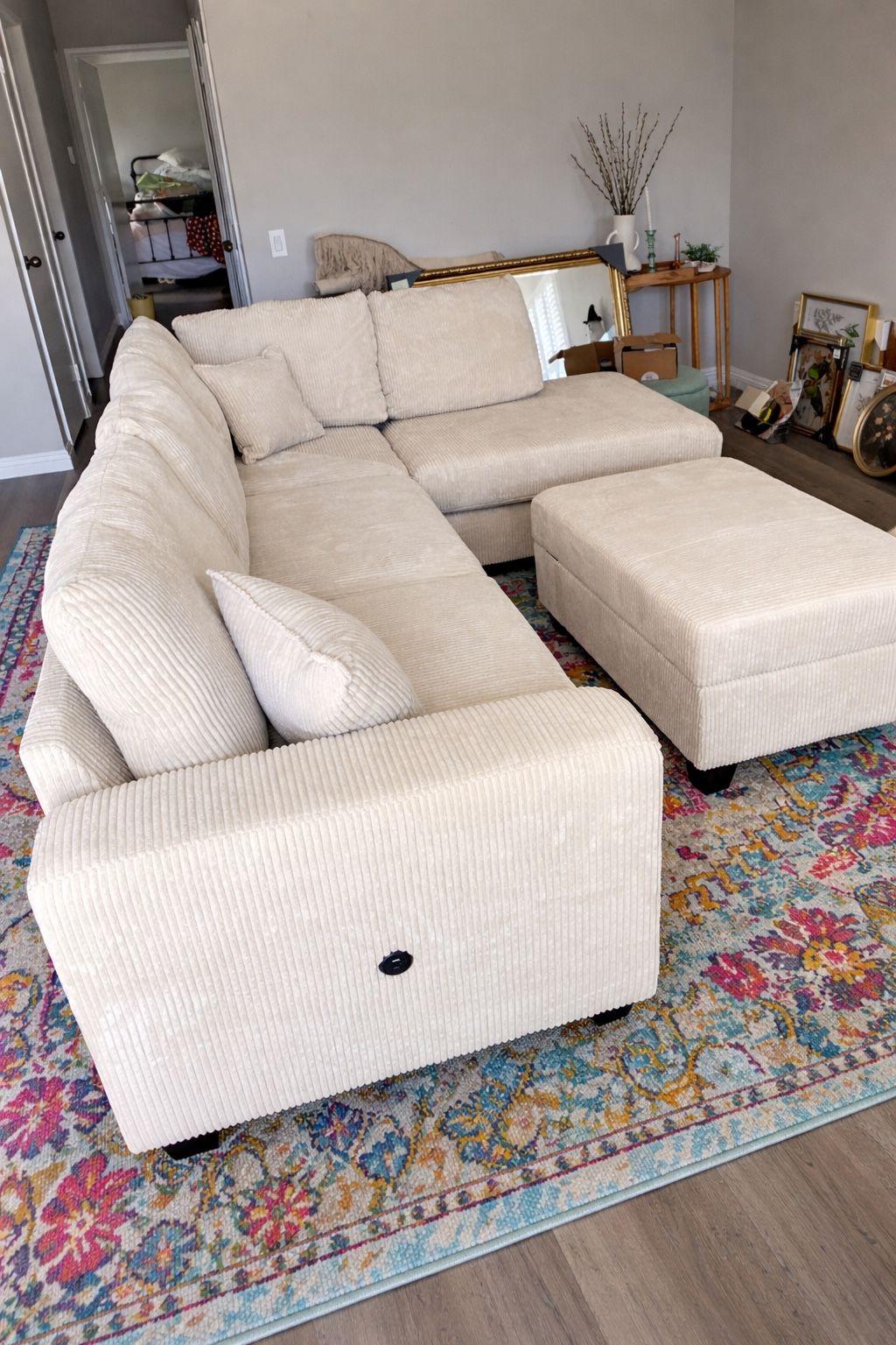 Brand new ivory color corduroy Sectional Sofa with usb charging and storage ottoman