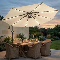 10ft Solar LED Offset Patio Umbrella, Outdoor Cantilever Patio Umbrellas with Solar Lights for Backyard, Poolside and Garden, Easy Tilt Adjustment, 32