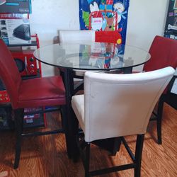 Round, Glass Table With Base And 4 Faux Leather Chairs