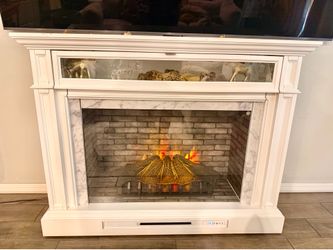 Electric Fireplace TV Stand – White with Faux Marble – Excellent Condition