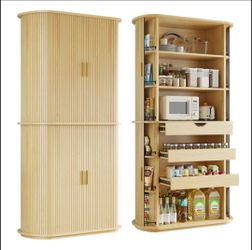Kitchen Pantry Cabinet with Sliding Doors, Modern Fluted Pantry Storage Cabinet with Drawers & Shelves