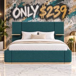 Queen Size Green Canary Modern Upholstered Platform Bed Frame.