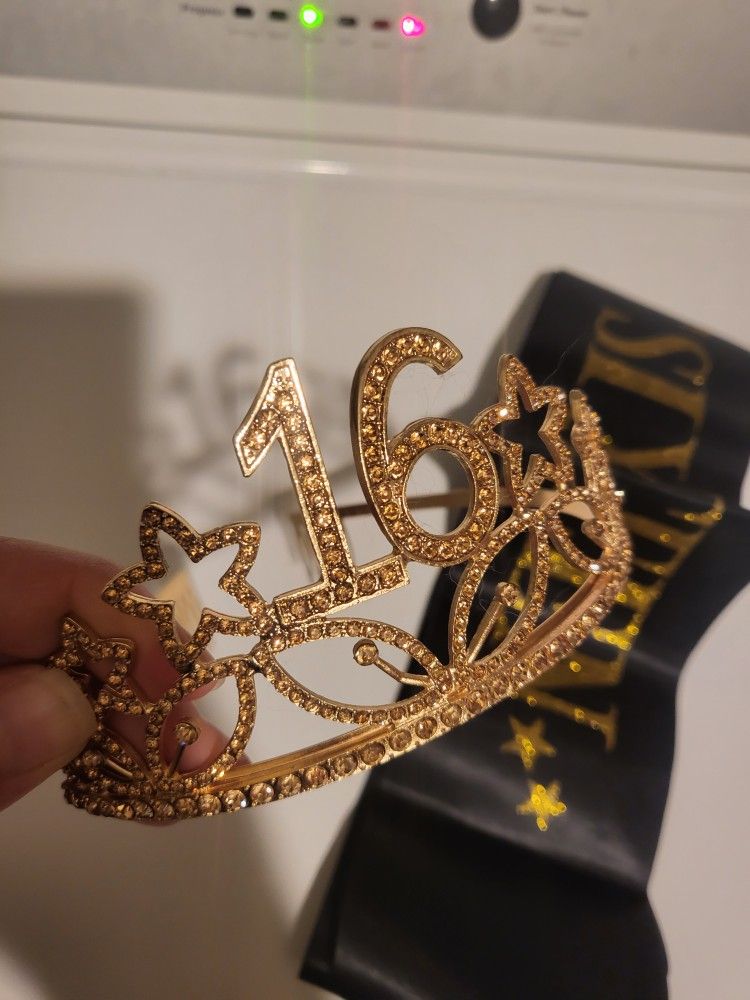 Sweet SIXTEEN Gold Tiara And BLACK/gold Sash