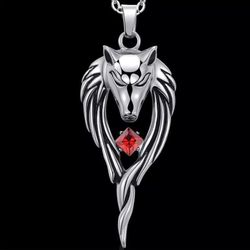 Mens Red Zircon Silver Plated Wolf Head Pendant Necklace 