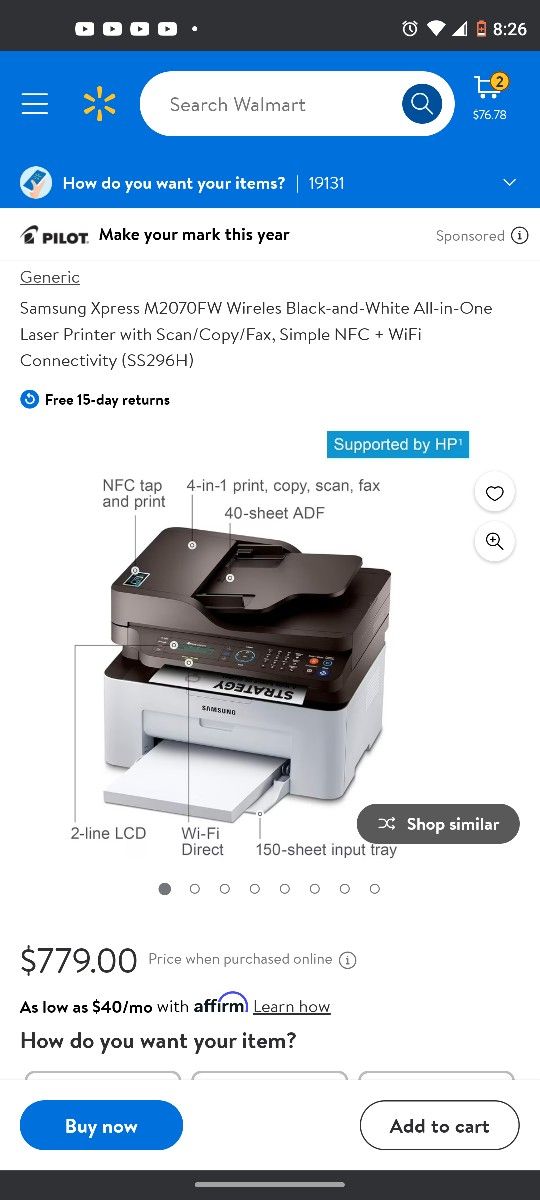 New Samsung Xpress M2070FW Wireless Monochrome Laser Printer with Scan/Copy/Fax