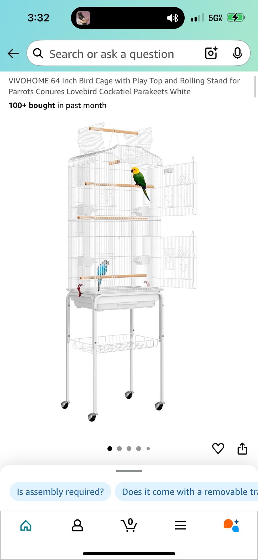 VIVOHOME 64 Inch Bird Cage with Play Top and Rolling Stand for Parrots Conures Lovebird Cockatiel Parakeets White