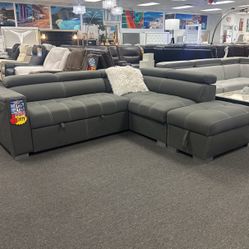 Beautiful Grey Pull Out Sleeper Sectional With Storage Ottoman & Adjustable Headrest $1199