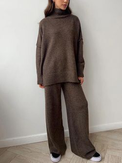 Commense Plain Turtleneck Knit Pants Set