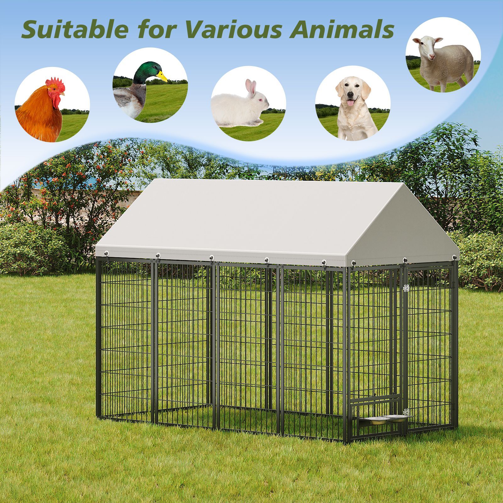 Large Dog Kennel Outdoor Pet Pens Dogs Run Enclosure Animal Hutch Metal Coop Fence with Roof Cover. 7.94'L x 4.13'W x 5.95'H.