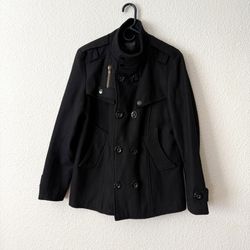 Doublju  Slim Wool Blend  Pea Coat Mens Size XS Black 