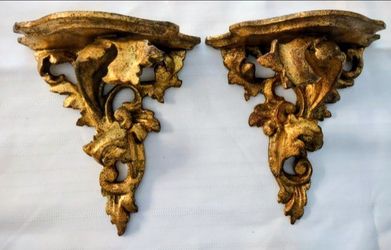 Antique Pair of Gold Gilt Rococo Wall Bracket Shelves