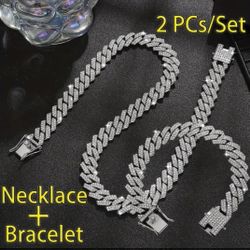 2 Pcs Fully Iced 14K White Gold Plated Cubic Zirconia 20 Inches Chain Necklace And Bracelet Set 