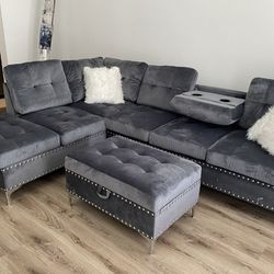 Grey Velvet Sectional With Ottoman 