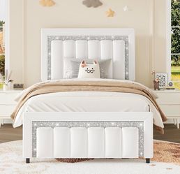 Twin Bed Frames with Upholstered Headboard for Kids, White