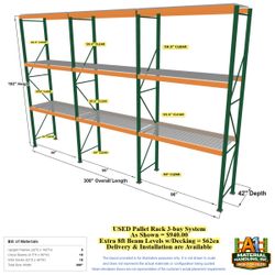 USED 42"D x 16'H Pallet Rack – 3 Bay / 24 Pallet Positions – 96" Beams