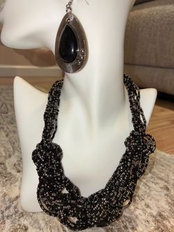 Black & Silver Beaded Necklace and Earring Set