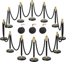 Stanchions and Velvet Ropes, 12pcs Ropes and Stainless Steel Posts Black Velvet